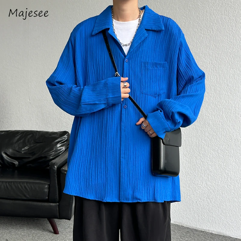 Loose Shirts Men Klein Blue Long Sleeve Single Breasted High Street Korean Style Retro Advanced Spring Autumn Versatile Popular