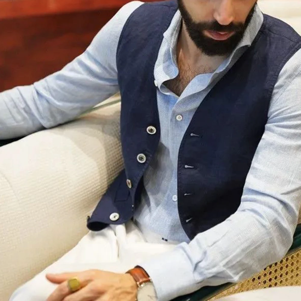 Navy Blue Cotton Linen Vests for Men V-neck Waistcoat Boutique Jacket Casual Vest Groosmen Male Groom Wear Clothing Man