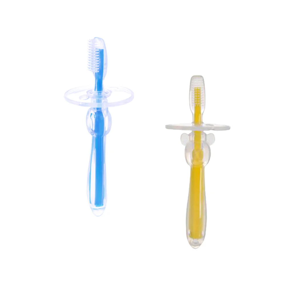 

2Pcs Baby Toothbrush Bristle -Shaped Safety Guard Food Grade Silicone Durable Yellow Blue Baby Toothbrush