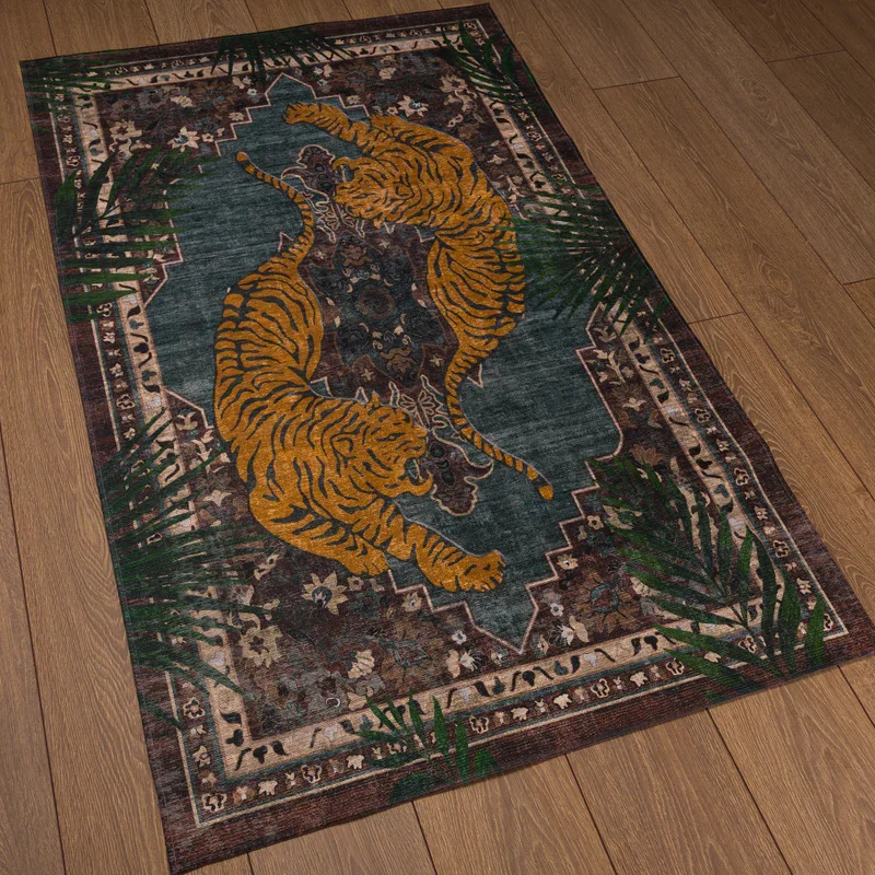 VIKAMA Bohemian Tiger Print Carpet Non-Slip and Stain-Resistant Living Room Mat Bedroom Bedside Rug Home Decor
