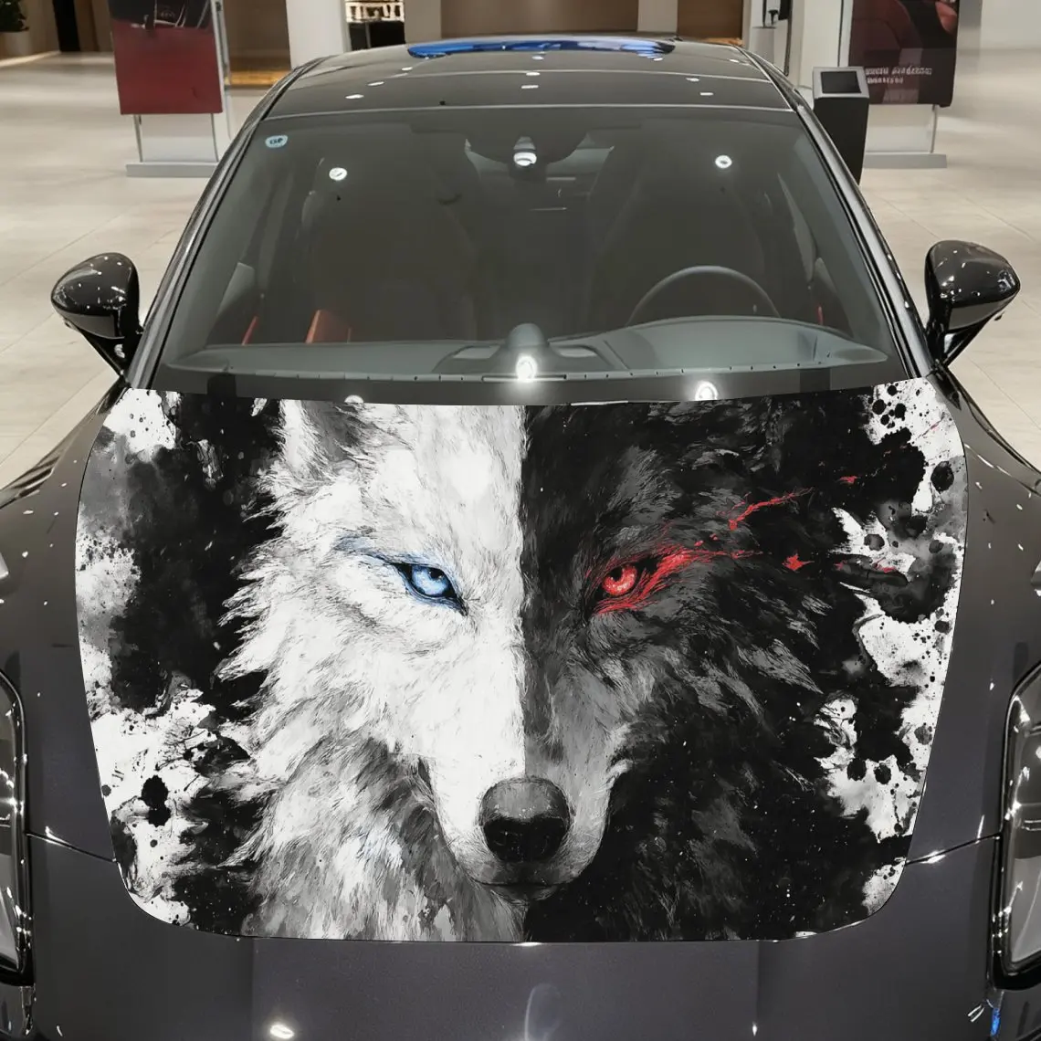 

Blue & Red-Eyed Wolf Ink Style Car Vinyl Wrap, PVC Material Waterproof Car Hood Sticker, Self-Adhesive Scratch-Resistant Sticker