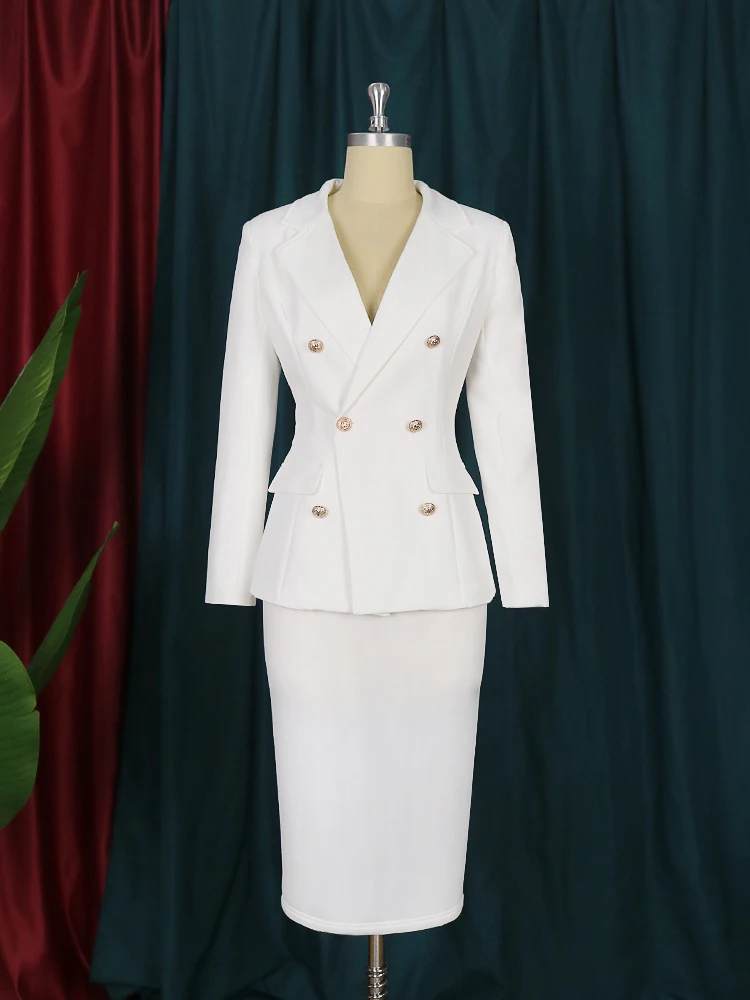 Blazer à Manches sulfet Jupe Taille Haute pour Femme, Ensemble Deux Pièces, Blanc, Grande Taille, Veste Crantée, Costumes de Bureau, Été 2023