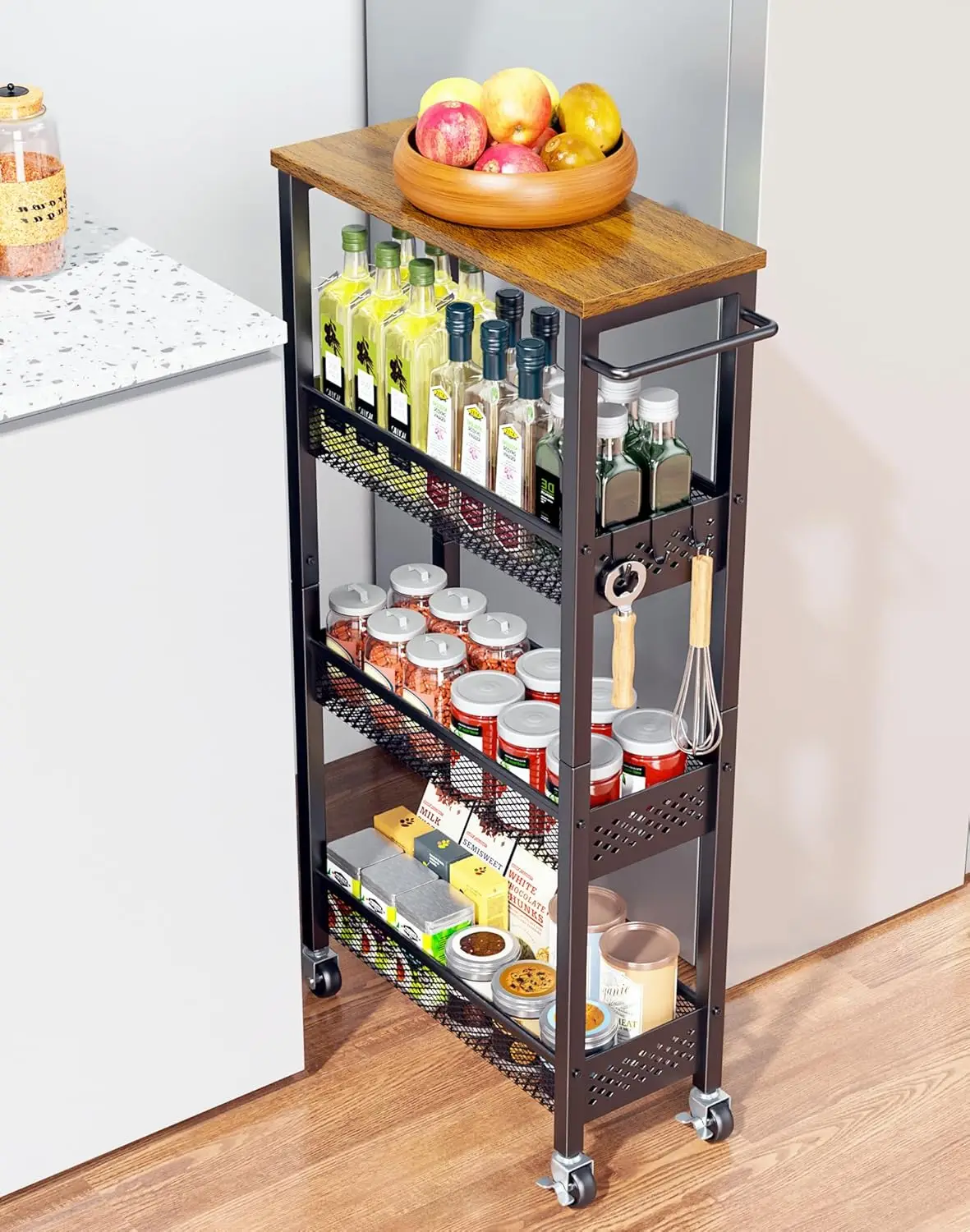 

Slim Storage Cart, 4 Tier Rolling Utility Cart with Wood Top for Narrow Space, Metal Bathroom Laundry Organizer Trolley