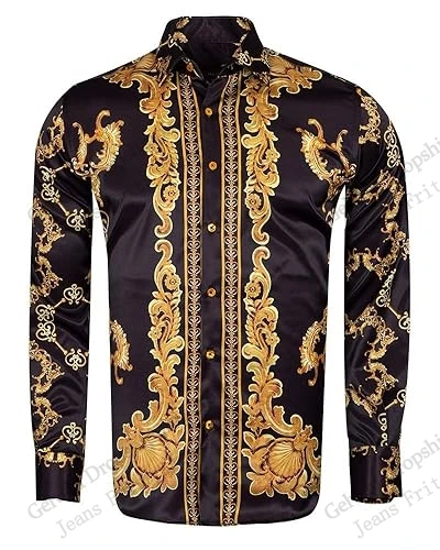 Long Sleeve Luxury Golden Shirt Baroque Style Floral Elegant 3d Print Hawaiian Shirt Men Women Fashion Casual Shirt Beach Blouse