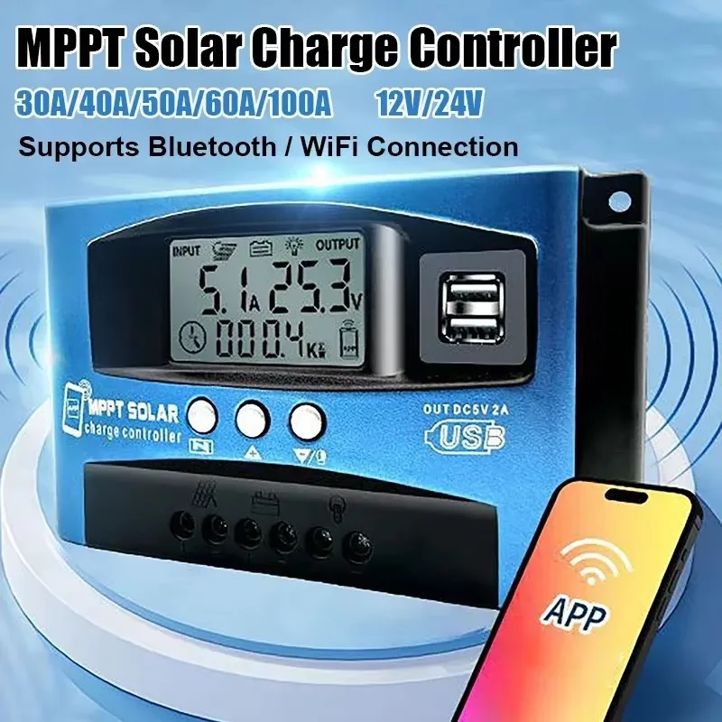 30/40/50/60/100A Bluetooth Solar Controller Dual USB Output For Mobile Phones,IPads Charging MPPT Solar Panels Charge Controller