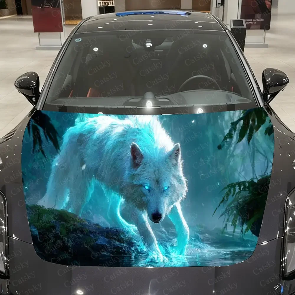 Azure Wolf Trace Car Vinyl Wrap, PVC Material Waterproof Car Hood Sticker, Self-Adhesive Scratch-Resistant Stickers for Engine C