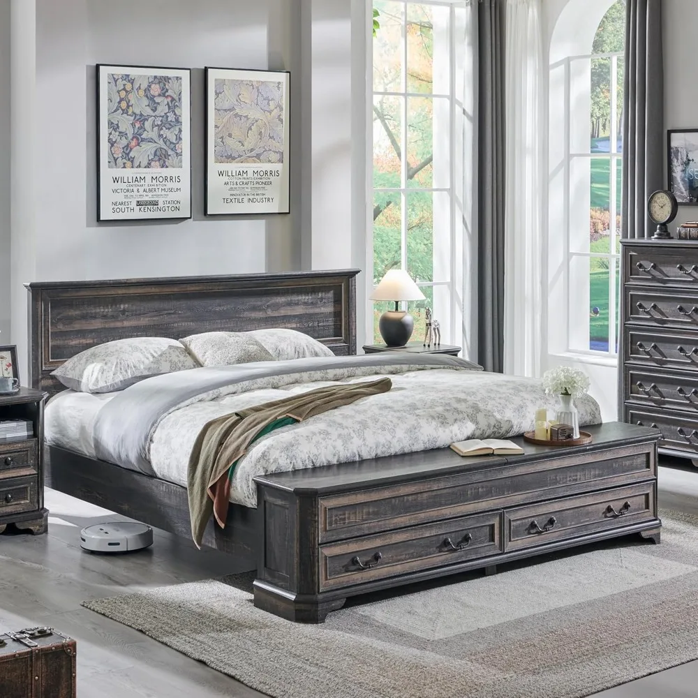 

Farmhouse Queen Bed with Headboard and Storage Bench - Rustic Wood Platform Bed with 64" Storage Chest and 4 Large Drawers, Dar