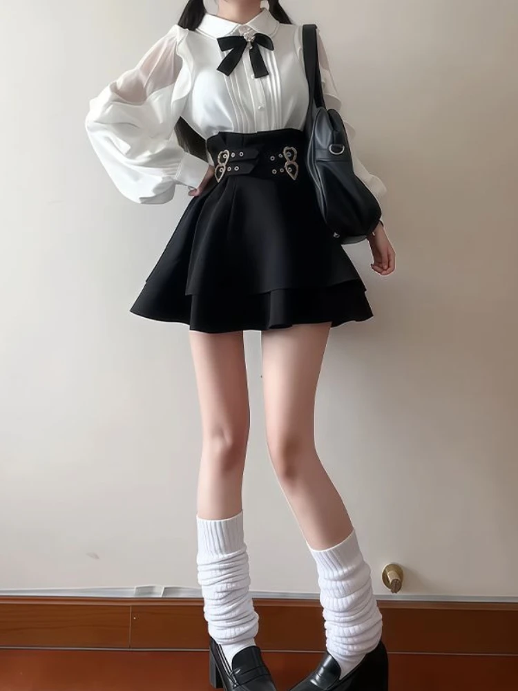 

2025 Fashion New Design Thin 2-piece Set Elegant Sweet Slim Long Sleeve Bow Summer Tops France High-waist New Black Short Skirt