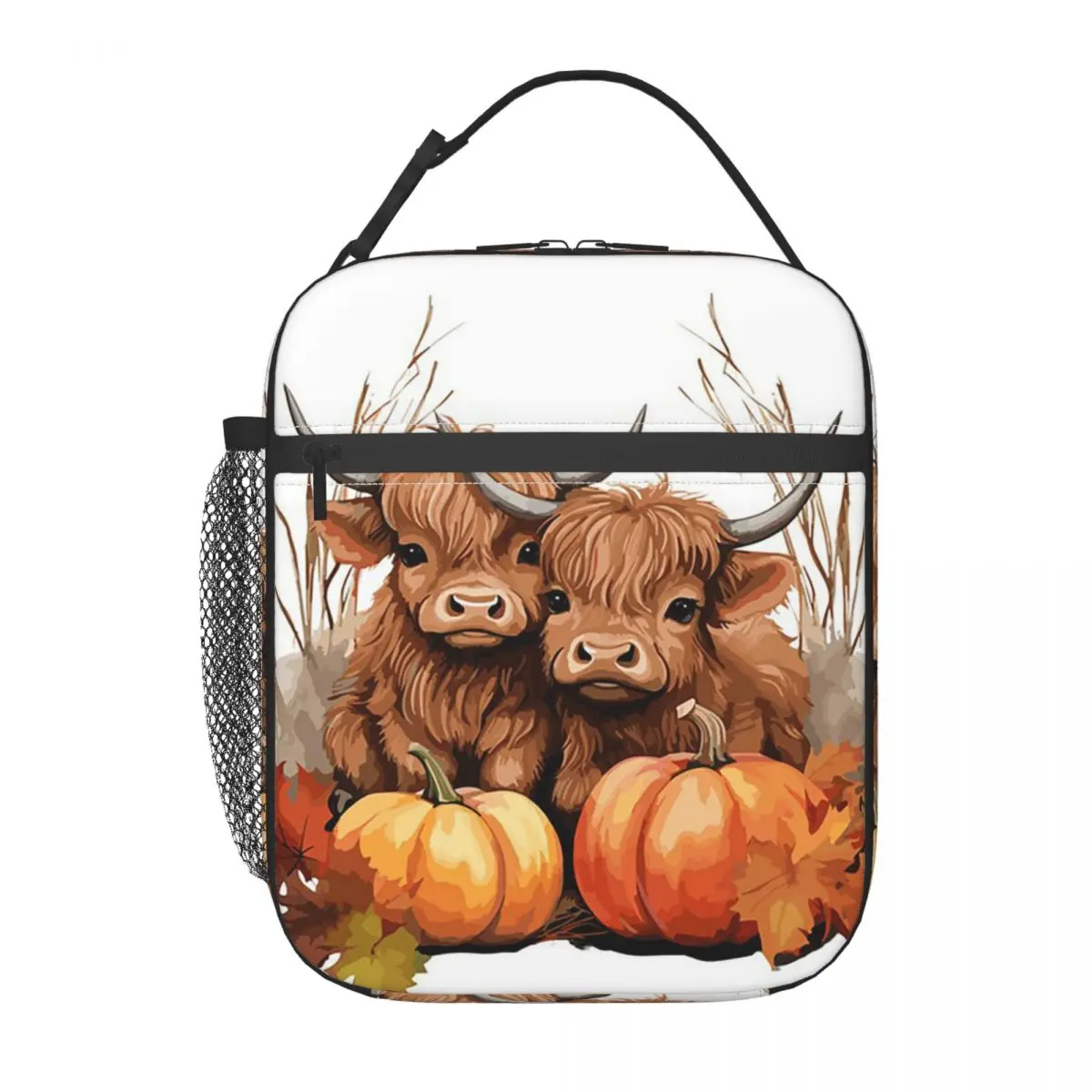 Highland Cow Calf Autumn Leaves Insulated Lunch Bag for Women Kids Portable Food Boxes Thermal Lunch Box Tote