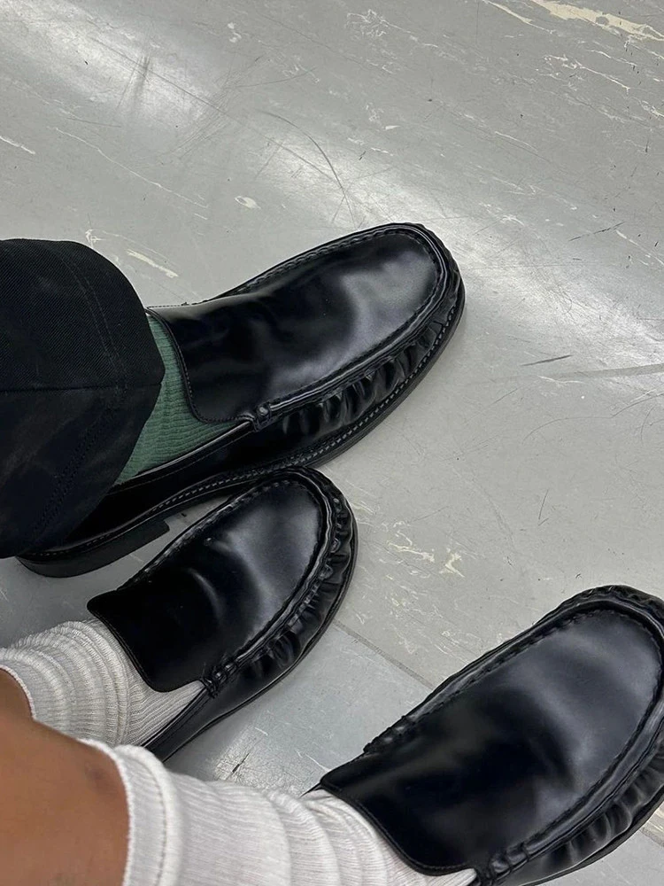 Matte British Style Men's Flats round Toe Casual  Shoes Soft Bottom Leisure Leather Shoes Comfortable Breathable Footwear