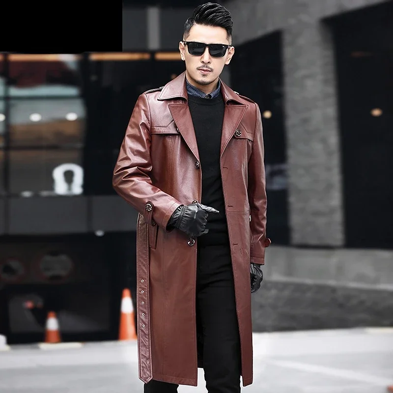 First Layer Cowhide Natural Leather Jacket Men Windbreaker Coats Super Long Suit High-end Fashion Casual Leather Coat Trend FCY