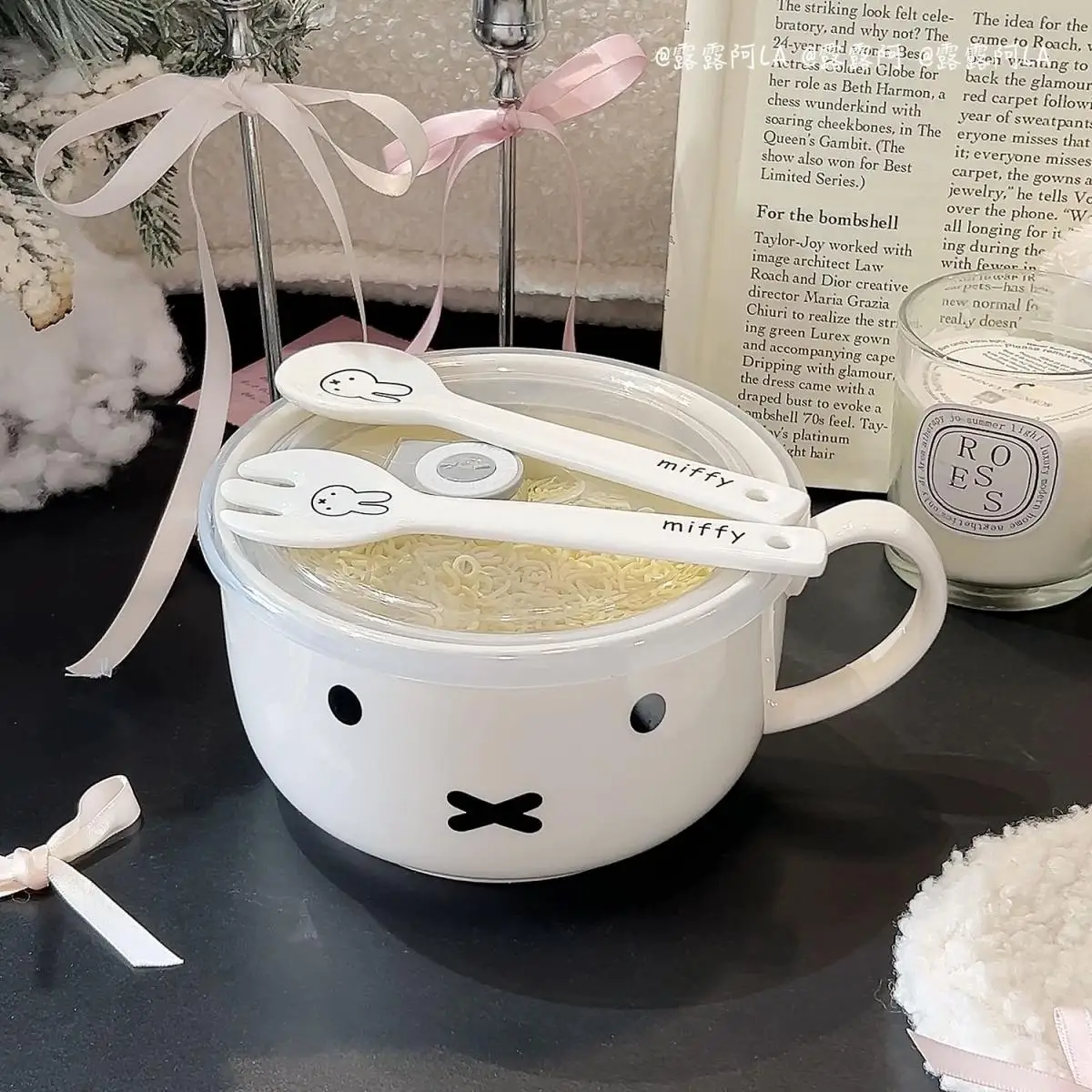 Nijntje Konijn Cartoon Instant Noedels Kom Grote Capaciteit Enkele Oor Cover Kom Gemakkelijk schoon te maken Keramische Rijstkom Verjaardagscadeau