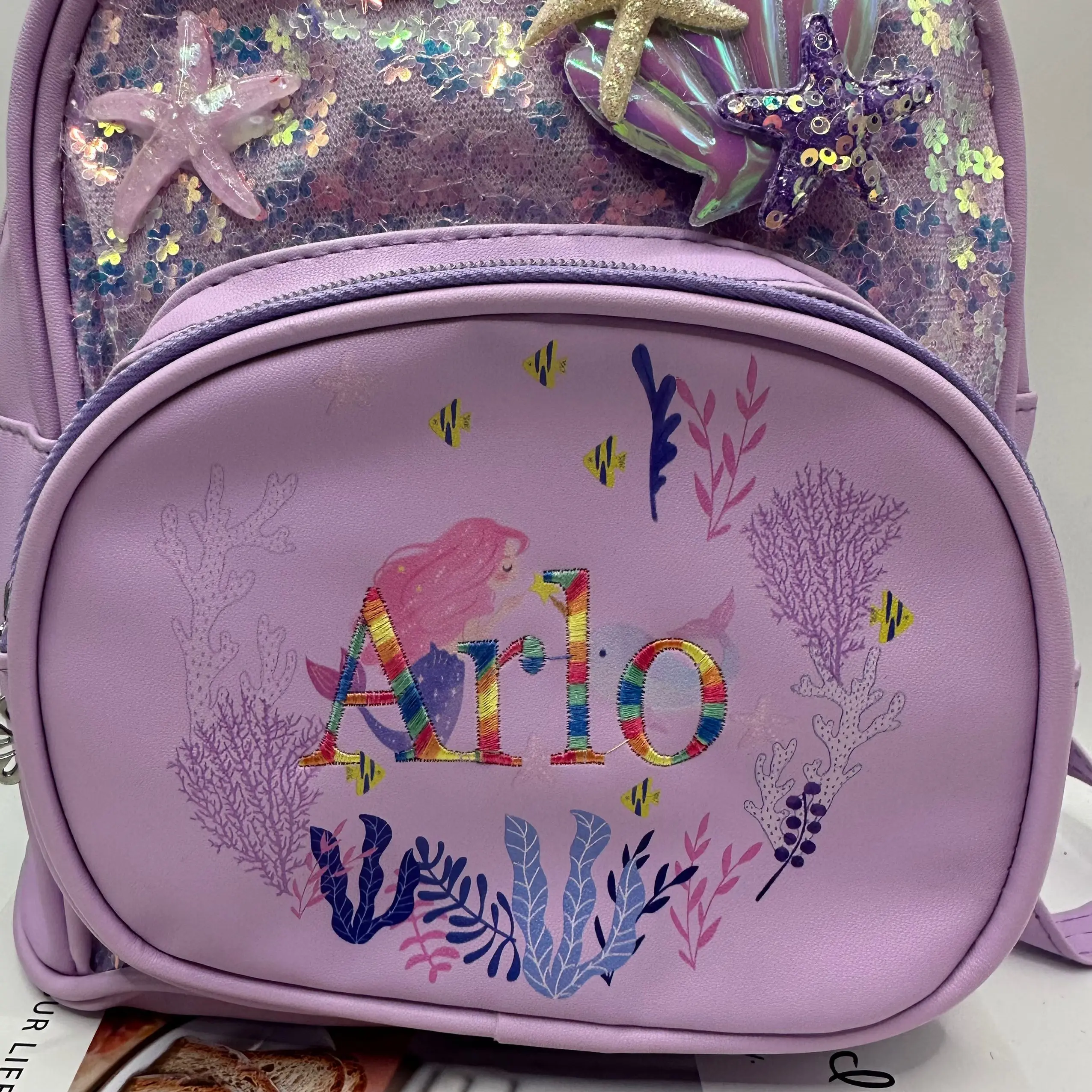 Mochila personalizada do lantejoula da sereia para crianças, linha colorida, bordado personalizado, jardim de infância