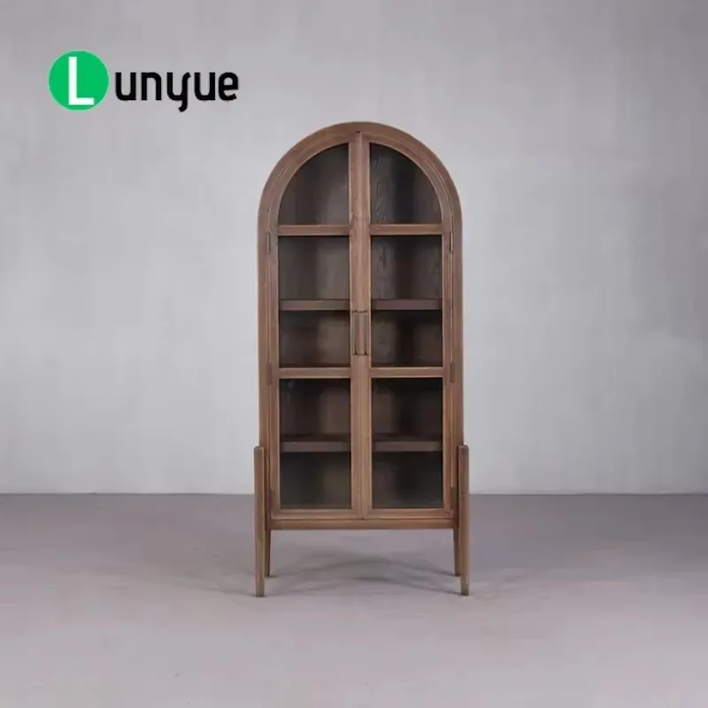 Vintage Arched Solid Oak Display Cabinet High End Storage Bookcase For Wabi Sabi Style Living Room Villa Furniture Decoration