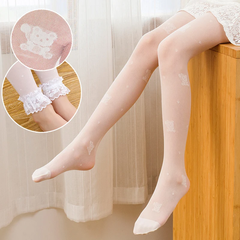 

Child Girls bear balloon summer thin pantyhose silk nine-point lace pants princess Super transparent mesh baby kids leggings