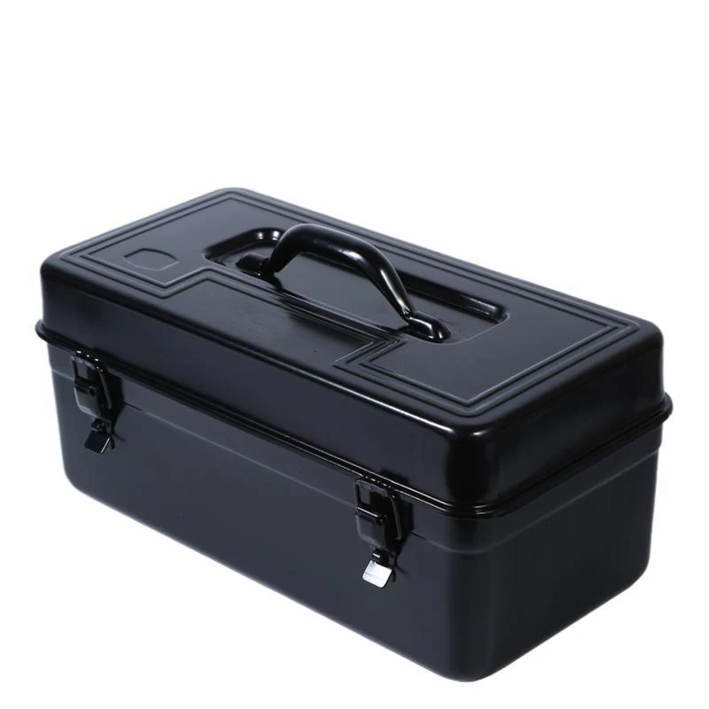 Portable Carpenter Metal Tool Box with Double Latch, Plastic Tray, Small Parts Box, Sockets Storage Box Organizer, Black