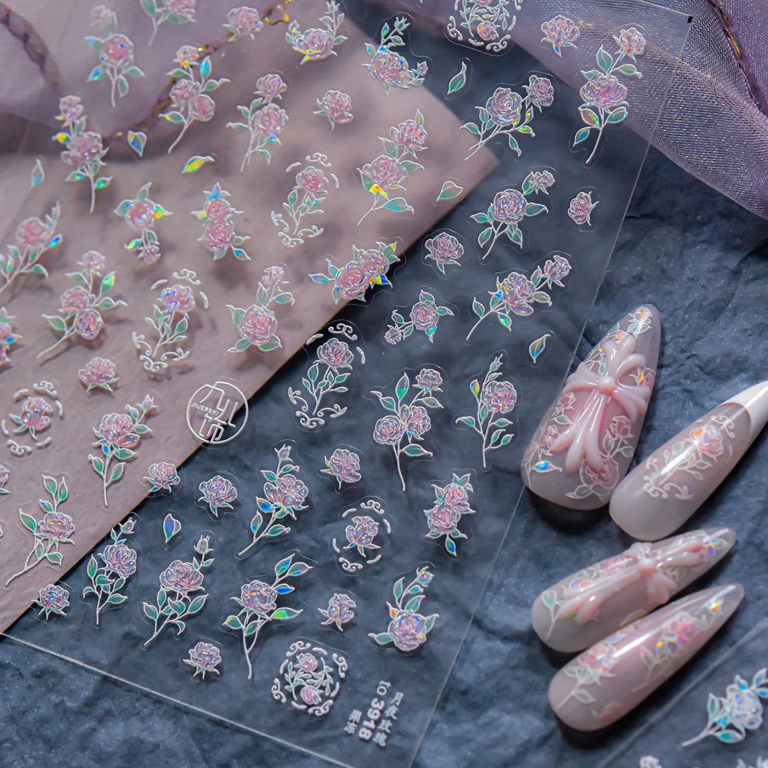 

5D Holographic Rose French Tip Nail Art Stickers Pink Purple Gradient Floral Vine Round Scrollwork Frame Self Adhesive Decals