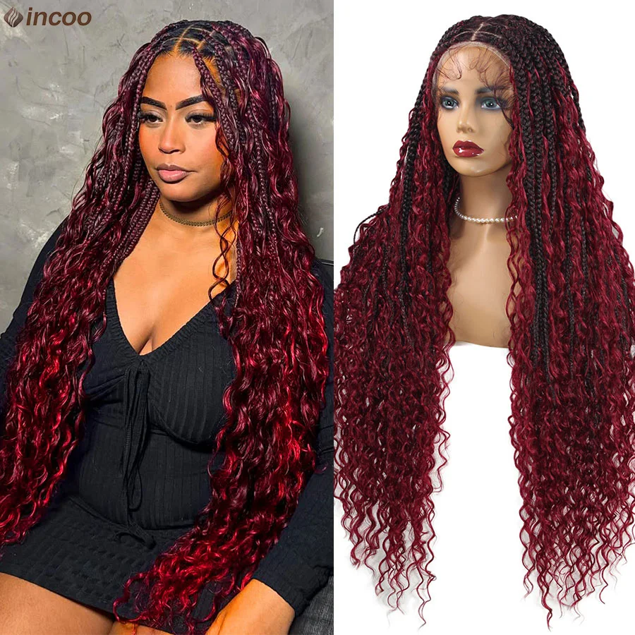 1B Red Burgundy Braided Wig Full Lace Boho Box Braids Wigs With Curl Ends Baby Hair Colored Blonde Knotless Box Cornrows Braids