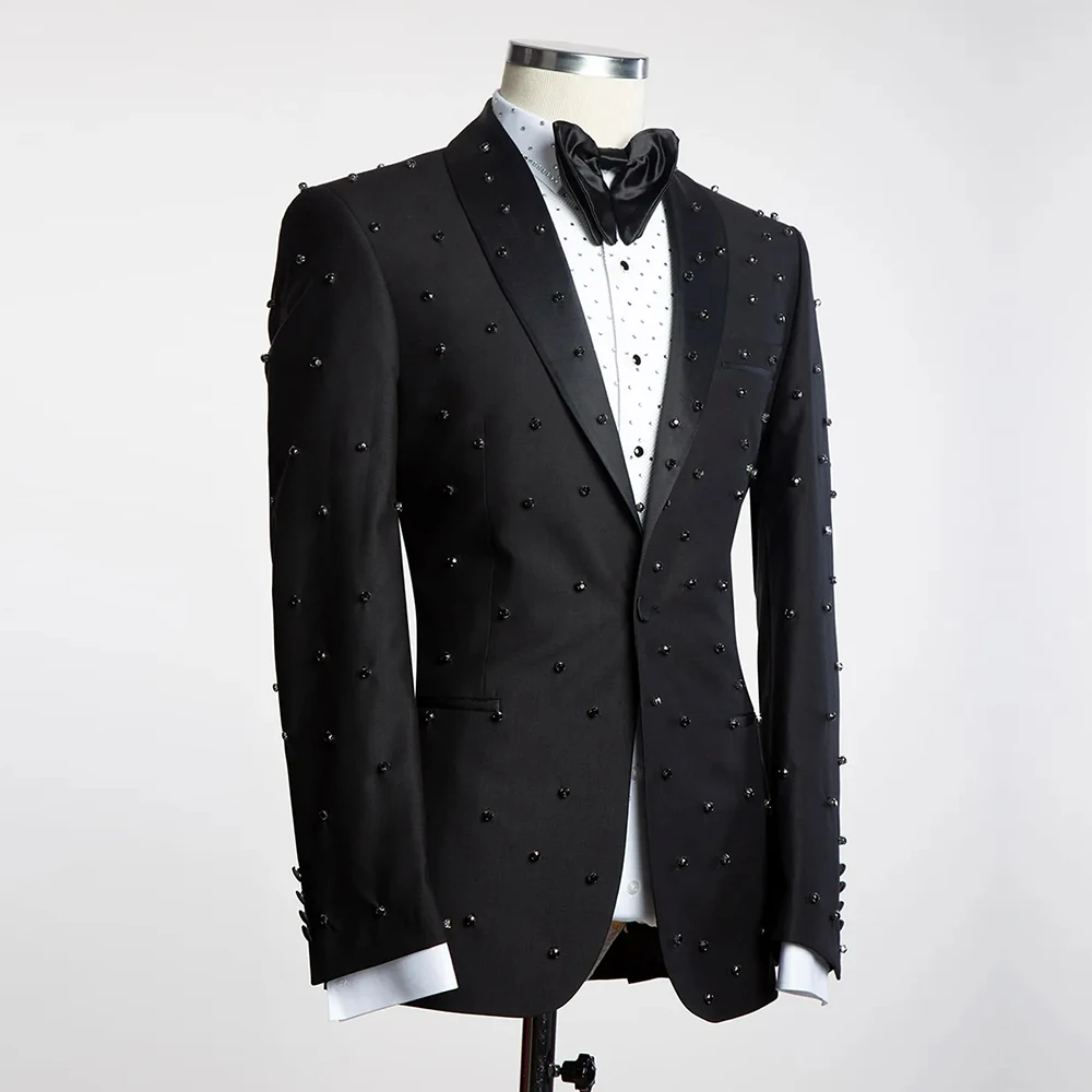 Luxury Groom Wedding Suits For Men Gemstone Beaded Prom Blazer Customized Black Single Breasted Man Tuxedo Costume Homme 2025