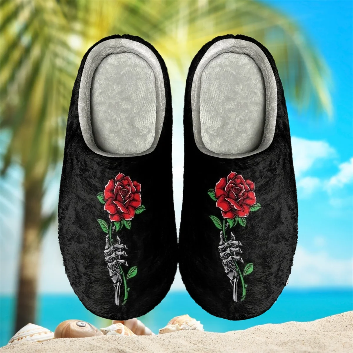 Romantic Skeleton Hands Rose Pattern House Slippers For Women Cotton Slippers Indoor Slippers Home Slides Casual Shoes Winter