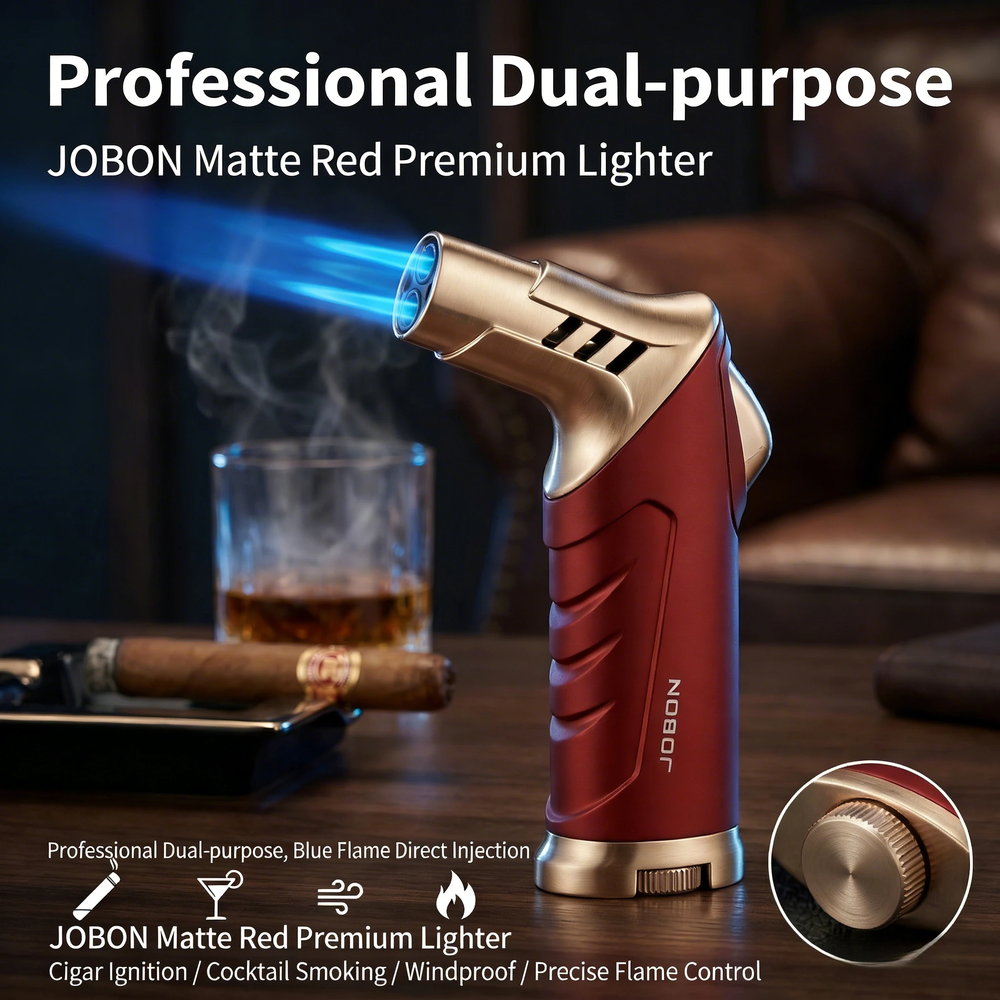 

Premium Jet Torch Lighter, Windproof Blue Flame Refillable Butane Lighter for Cigars & Cocktail Smoking, Portable Adjustable