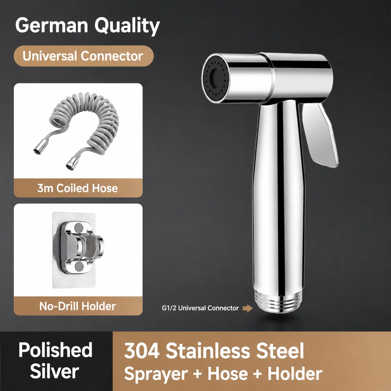 304 Edelstahl Bidet-Sprühgerät Hochdruck-Handbrause Toiletten-Shattaf-Sprühpistole für Badezimmerreinigung und Tierwäsche G1/2 Anschluss