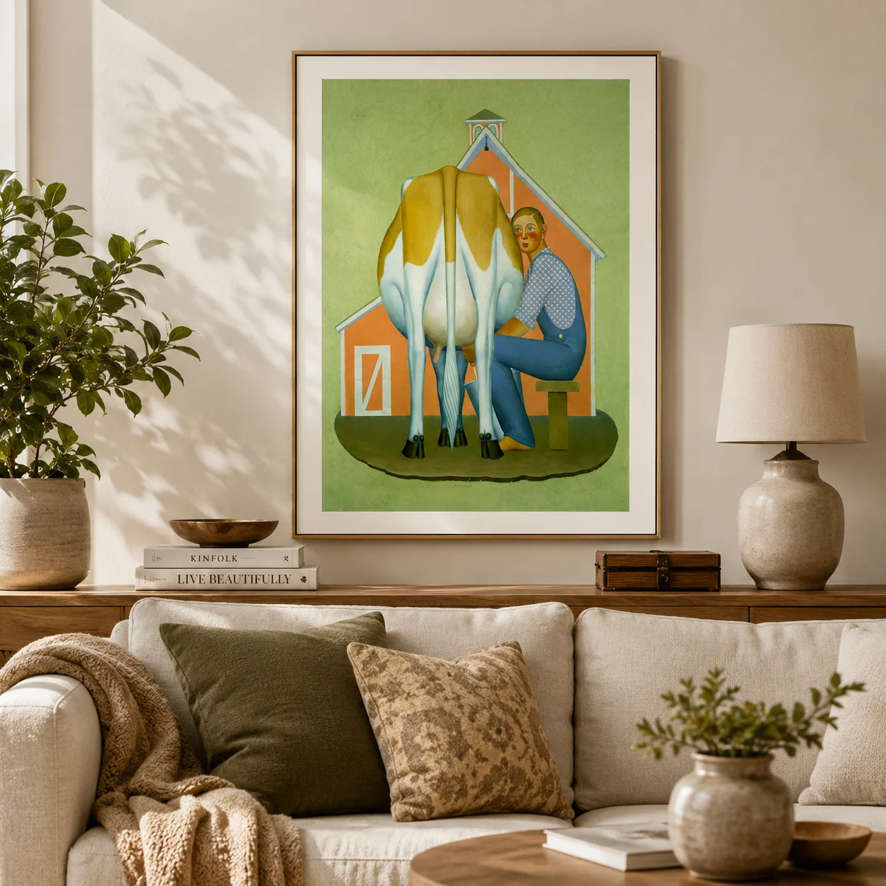 Milking Cow by Grant Wood Fine Art Print-Rural Life,Canvas Wall Print,High‑Grade Home Decoration Artwork for Bedroom,Living Room