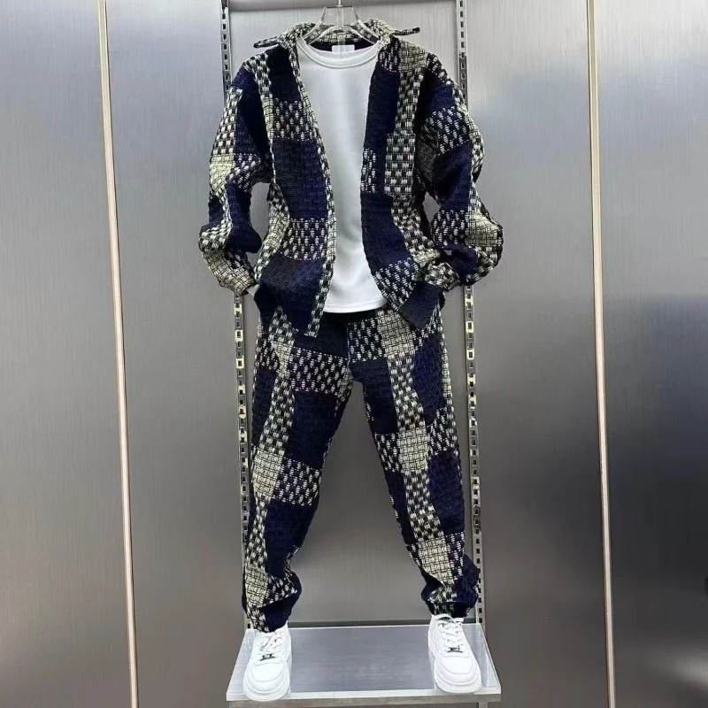 الجديد الخريف والشتاء الرجال عارضة العصرية مجموعة قطعتين الكورية نمط معطف قميص المتناقضة اللون يطبع الأزياء العصرية جدا #1