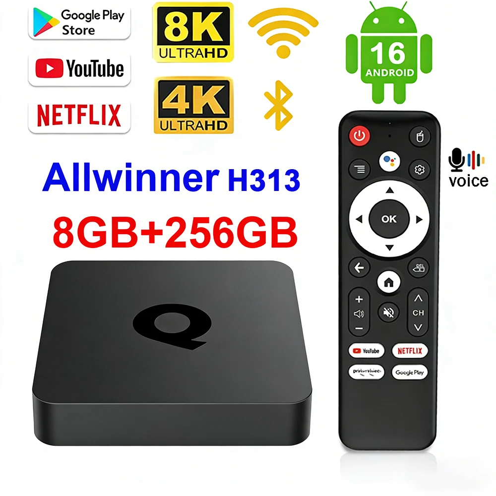 

Смарт-ТВ приставка Android 16 H313 Q1 8 ГБ 256 ГБ с 5G Dual Wi-Fi, Bluetooth 5.4, поддержкой видео 8K HDR10+, голосовым управлением и Google Ассистентом, медиаплеер