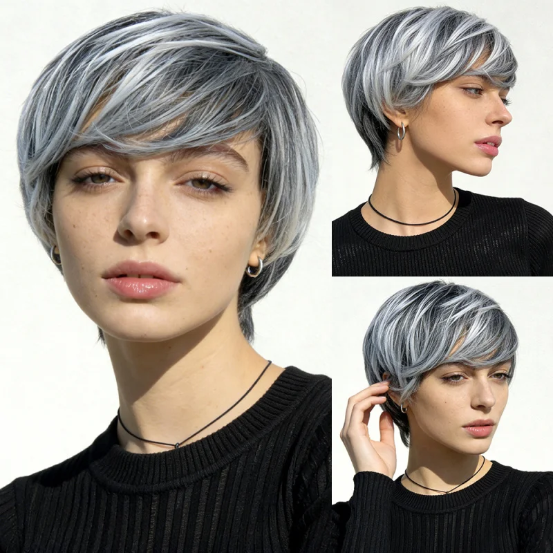 

New European American black and white highlighted short hair for women, synthetic fiber machine-made wig