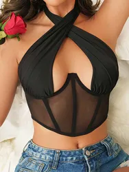 Sexy Cross Halter Corset Bustier Mesh Bone Tank Tops Women Tie Up Wrap Tube Tops Backless Slim Fit Cut Out Front Tops