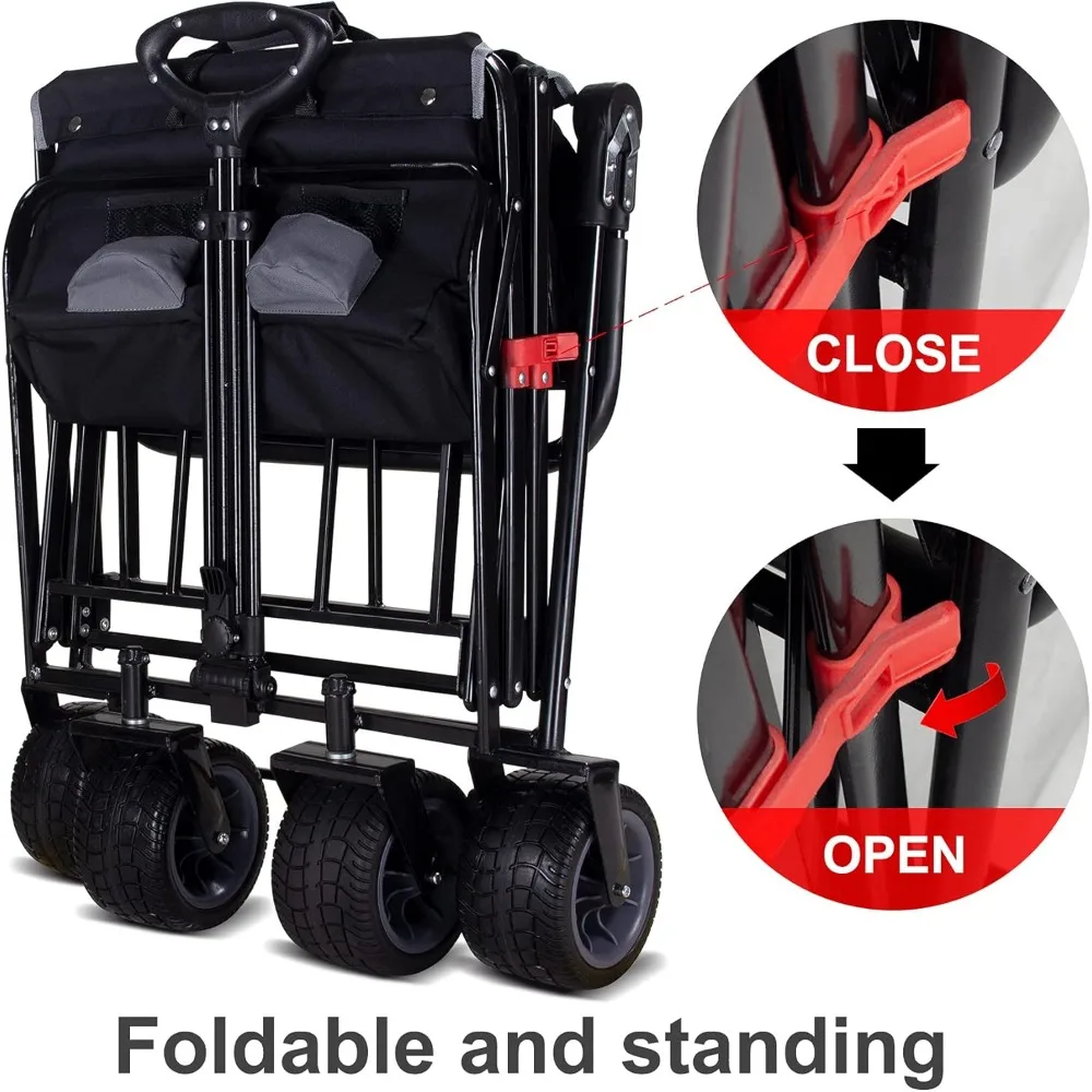 Heavy-Duty Collapsible Utility Wagon with Brakes and Adjustable Handle for Outdoor Adventures, Shopping, and Gardening