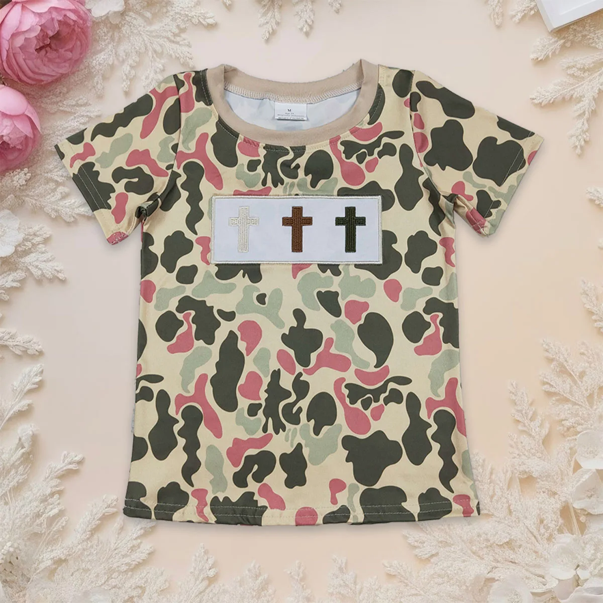 

Baby Boy Embroidery Crosses Camo Easter Tee Shirts Tops Summer Children Kids Toddler Short Sleeves Cotton Clothing Wholesale