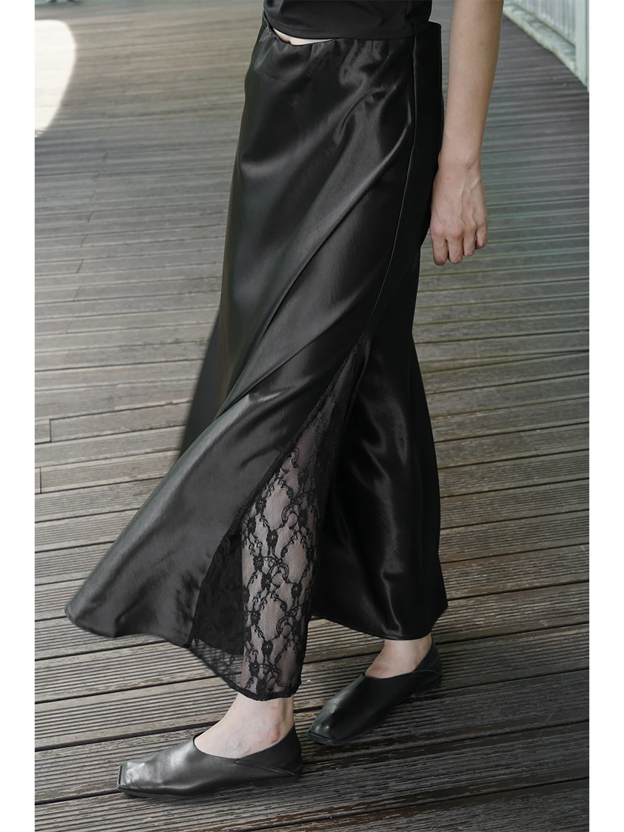 

Шелковистая атласная юбка А-силуэта с кружевными вставками и высокой талией, однотонная, для офиса, женская, с эффектом стройности