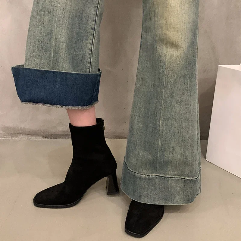 Vintage Suede Women Ankle Boots Fashion Back Zippers Shoes Autumn Winter Thick Heel Ladies Elegant Slim Short Booties