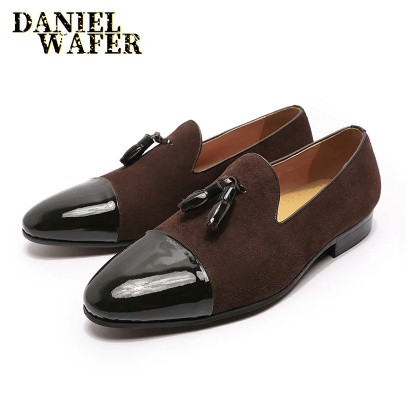 Luxury Loafers Elegant Mens Dress Wedding Office Shoes Suede Patchwork Patent Leather Slip-on Tassel Loafer for Men Casual Shoes