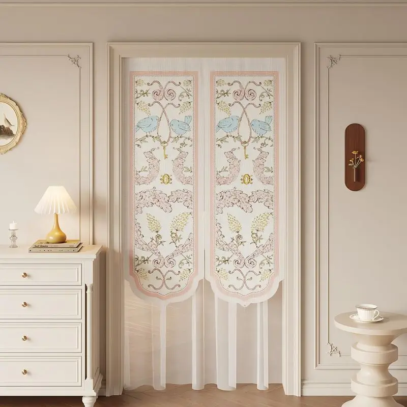 VIKAMA French Line Floral Sheer Noren Split Door Curtain Room Divider Privacy Curtain for Bedroom Elegant Home Decor