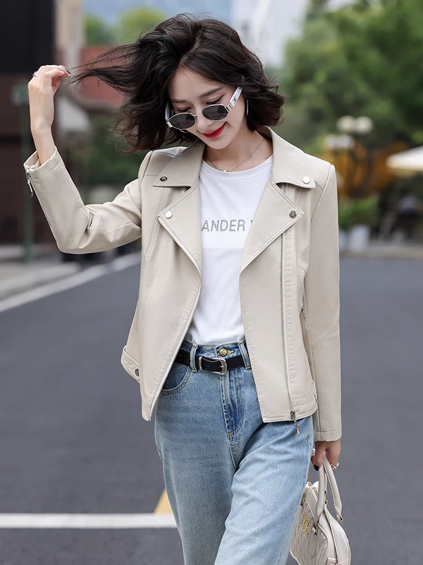   Ning Echtlederjacke für Damen, Kurzarm, 2025 Neue Frühjahrskollektion, Schlankmachende Mode, Motorrad-Schafslederjacke