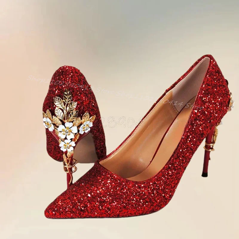 Red Sequins Appliques Decor Pointed Toe Pumps Slip On Women Shoes Thin High Heels Fashion Party Feast 2024 Zapatos Para Mujere