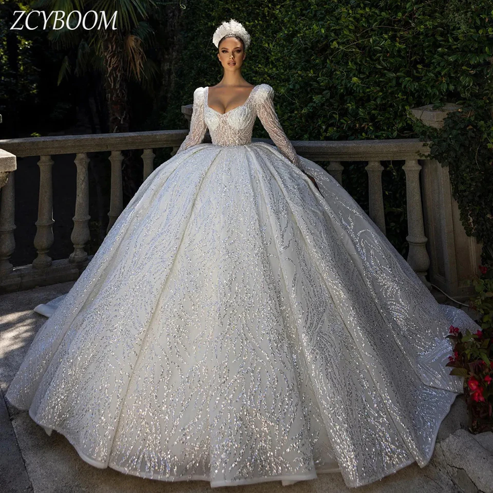 Luxury White V-Neck Appliques Long Sleeves Wedding Dress 2025 Ball Gown Floor Length Sweep Train Lace Up Custom Made Bridal Gown