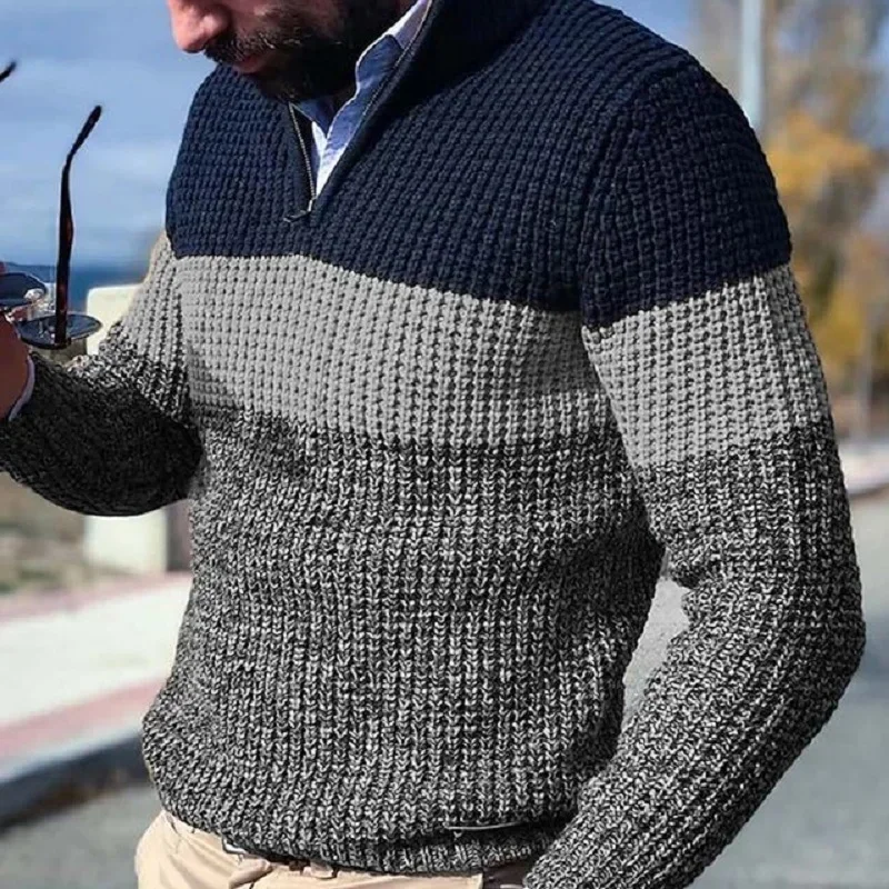 Men's Casual Sweater Autumn Winter Knitted Pullover Long Sleeve Half Zipper Pullover Stand Collar Knitwear Fashion Male Clothing