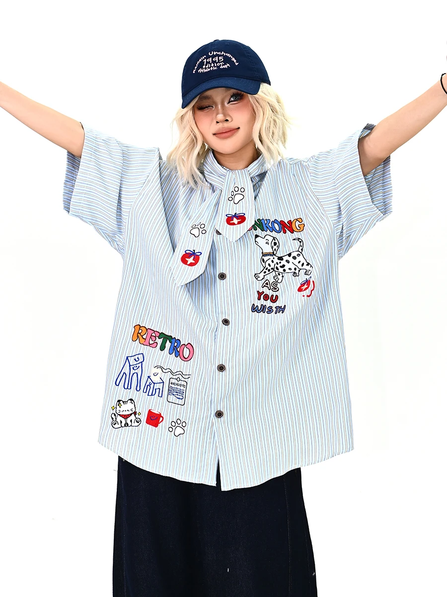 

Lazy Cartoon Dog Stripe ort Sve Loose Women's irt Summer 2026 Trendy Korean Street Sle Top Button up Casual Blouse