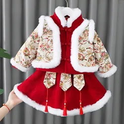 Toddler Baby Dresses For Chinese New Year Fleece Lined Warm Dresses Tang Suit With Bag Performance Costumes Girl Cat Dress