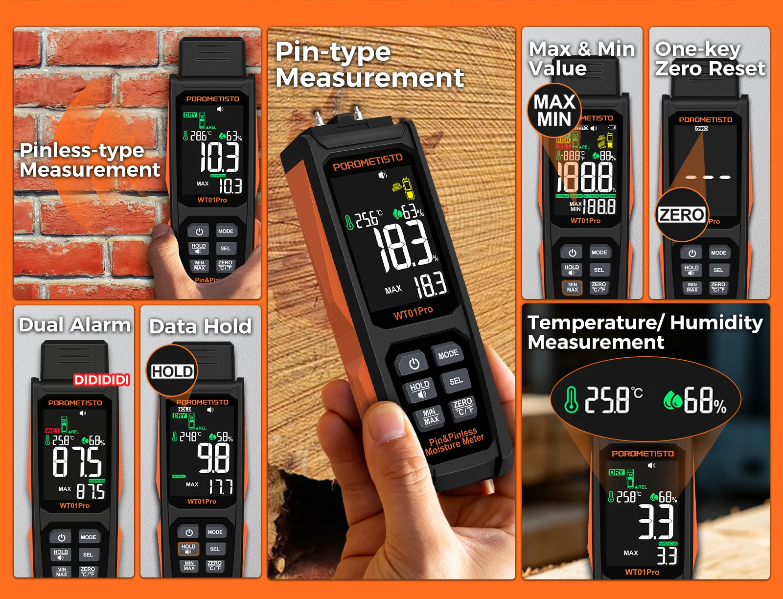Neues 2-in-1 Digitales Holzfeuchtemessgerät mit und ohne Stifte, 0~99,9% Feuchtigkeitsmesser, Holzfeuchtigkeitsdetektor, Hygrometer für Holz und Beton – Detail 2