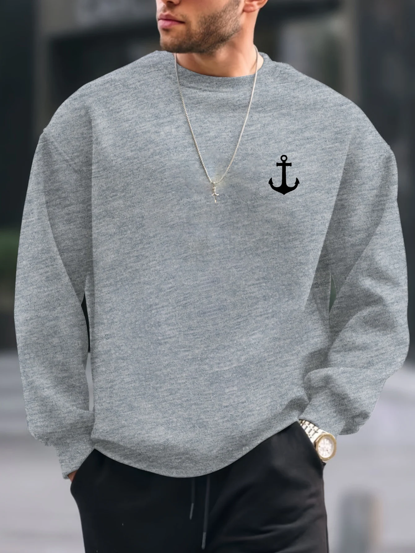 Men's autumn and winter casual fashion loose boat anchor pattern printed fleece pullover long sleeved round neck sweatshirt