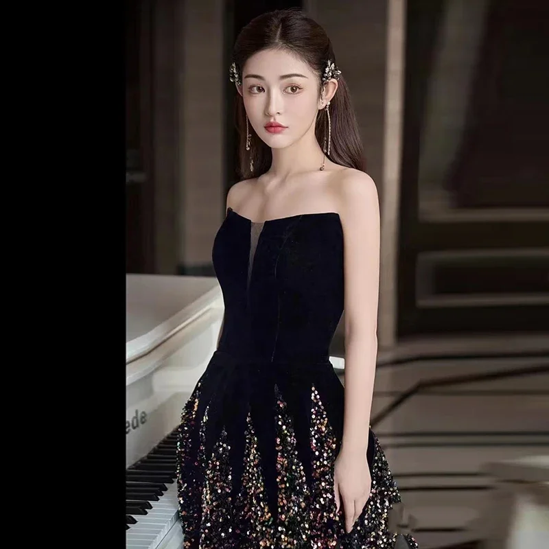 Customized  Luxury Black Evening Dress for Women Strapless A-line Sequins Beading Sparkling Formal Party Gowns Vestidos De Noche