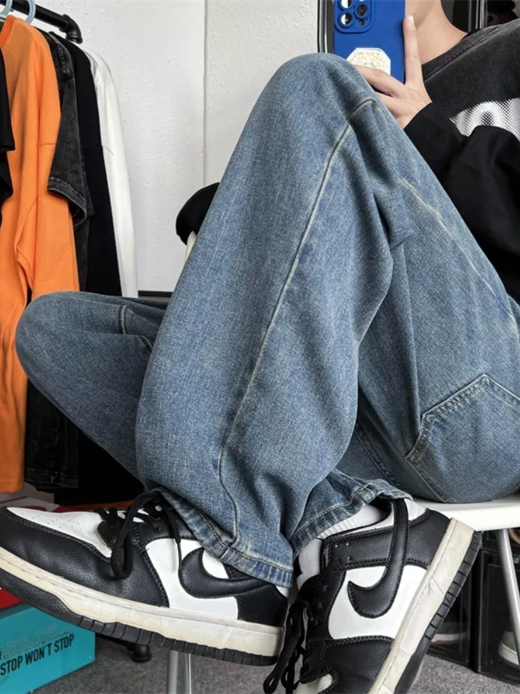 

Мужские джинсы прямого кроя: тонкие, свободные, широкие штанины, повседневные, в стиле ретро, американские, модные, универсальные, удобные, для весны и осени