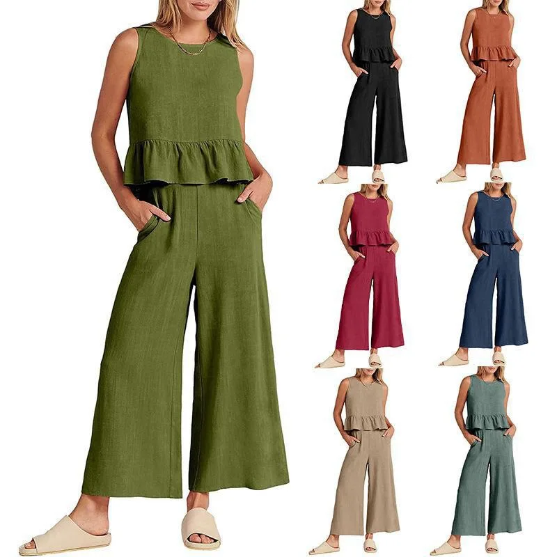 Women\'s S-3XL plus size Summer women\'s pleated sleeveless vest with wide leg straight leg cropped pants casual set