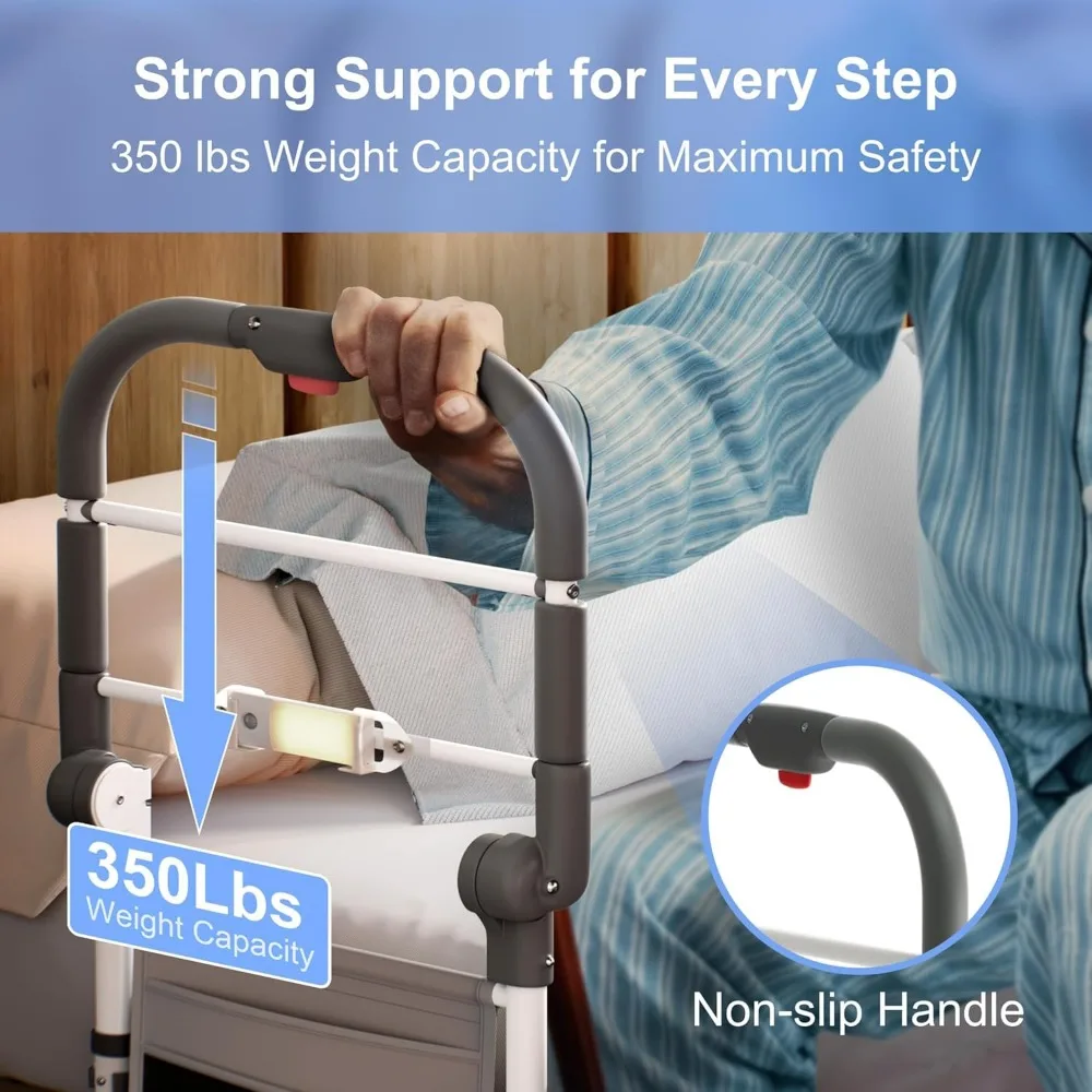 Foldable Bed Safety Rail with Adjustable Height, Non-Slip Handle, Motion Sensor Light &amp; Storage Pouch for Elderly Adults