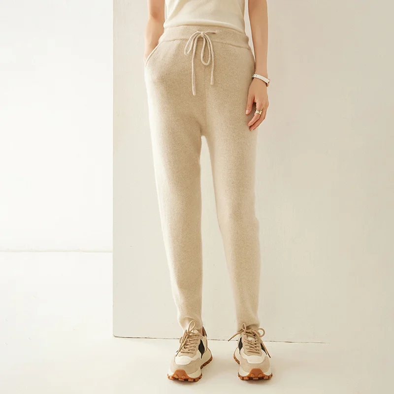 بنطال كشمير نسائي شتوي دافئ محبوك بخصر مطاطي وأربعة أرجل صغيرة مسطحة، سروال ناعم ومريح وعصري #1